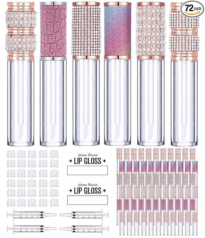 AMORIX 72pcs 5ml Diamond Lip Gloss Tubes With Wand - Empty Rhinestone Containers, Crystal Bottles, Supplies Kit - 4 Syringes + Labels for DIY Base