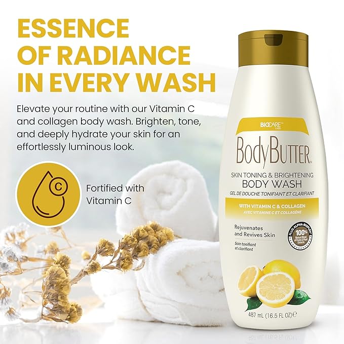 Biocare Vitamin C and Collagen Body Wash: Ultimate Brightening & Toning Solution, Ideal for Men & Women - Enhances Skin & Hydrates, Suitable All Skin Types, Sulfate-Free 16.5 oz