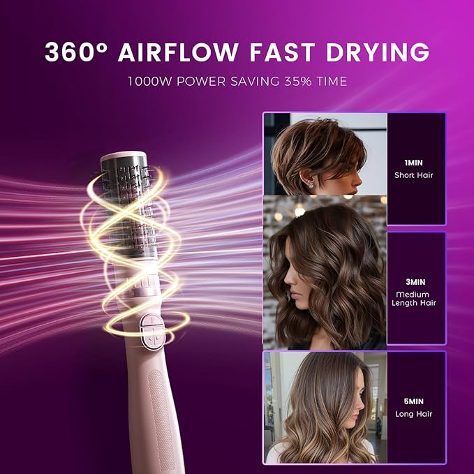 Blow Dryer Brush, 3-in-1 Rotating Hair Dryer Brush with 3 Heads for Drying Styling Volumizing Curling Sleeking in One Step for Long Hair, 3 Temperatures, Negative Ionen, Ceramic Coating, Pink
