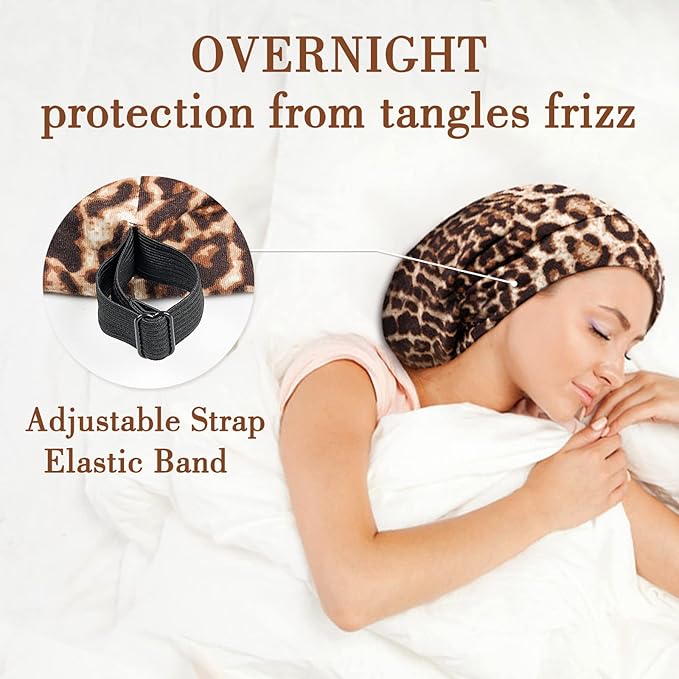 LULUSILK Mulberry Silk Bonnet for Sleeping Women, Real Silk Sleep Cap for Curly Hair and Braids, Pure Head Wrap with Scrunchies, Brown Leopard
