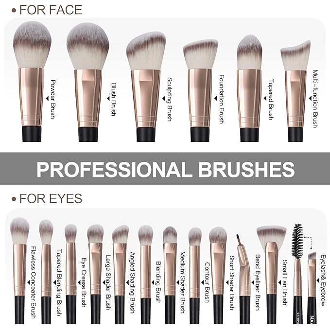 Makeup Brushes, MAANGE 18 Pcs Professional Makeup Brush Set Premium Synthetic Face Kabuki Brush Kit Foundation Blush Powder Eyeshadow Brushes Set（Black Gold)
