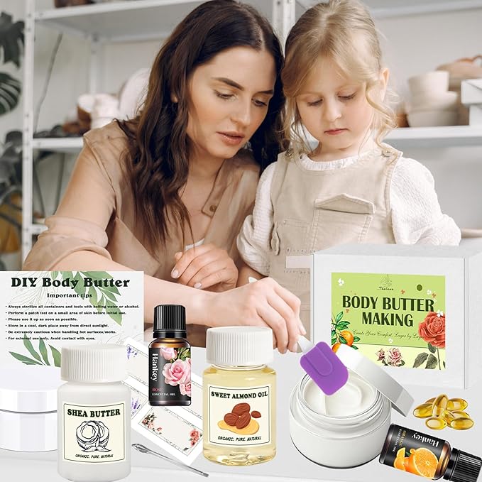 Thaluna Whipped Body Butter Making Kit for Dry Skin, DIY Solid Shea Butter Body Lotion Making Kit with Sweet Almond Oil, Vitamin E, Essential Oil - Moisturizing for Body Christmas Gifts for Women
