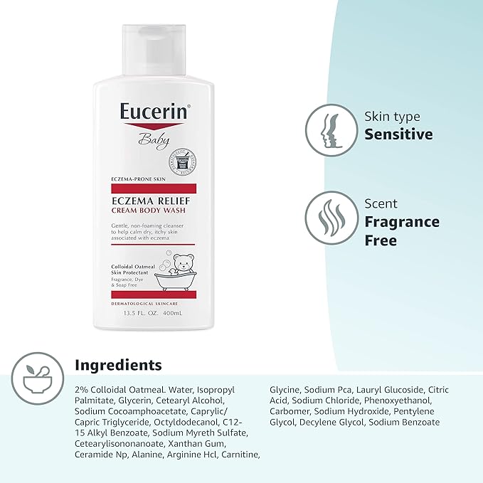 Eucerin Baby Eczema Relief Cream Body Wash, Fragrance Free Eczema Body Wash for Babies with Colloidal Oatmeal, 13.5 Fl Oz Bottle (Pack of 12)