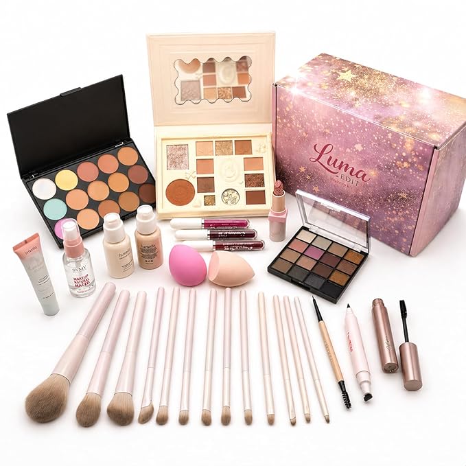 All in One Makeup Kit for Women & Beginners, Essential Full Makeup Set with Eyeshadow Palette, Lip Gloss, Foundation, Brushes – Makeup Gift Set for Teens & Girls, Great Value Starter Kit