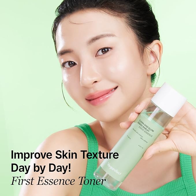 VEGANIFECT Green Barley First Essence, Deep Hydration & Smooth Skin Texture with AHA and Rice, Gently Removes Sebum, Low-Irritation Vegan Korean Skincare for Glowing Skin, 200ml / 6.76 fl oz