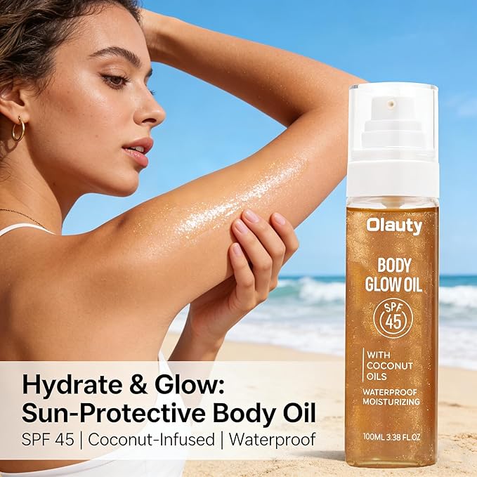 Xiuxixu Sunscreen Body Glow Oil,Broad Spectrum SPF 45,Glitter Shimmer Oil with Sequin Mica,Lightweight Non Sticky Sunscreen with Zinc Oxide Sun-kissed Skin Moisturizer,Beach Essentials (#03 Amber)
