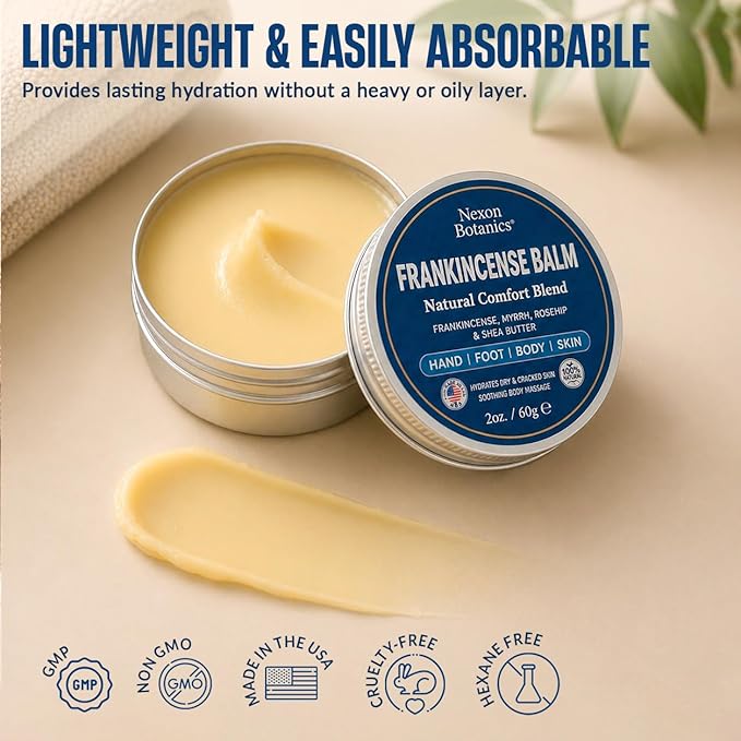 Frankincense Balm 2 fl oz - Soothing Muscle Comfort and Deep Hydration for Dry Skin with Myrrh, Calendula, Bisabolol, Rosehip & Vitamin E - Nexon Botanics