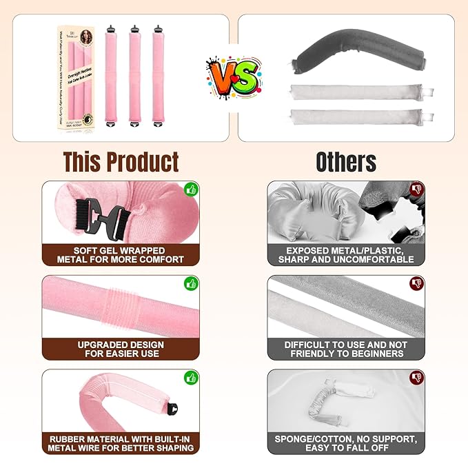 Overnight Heatless Hair Curler Satin Jumbo Flexi Overnight Curls Blowout Rods 3pcs No-Heat Styling Tools Curling Rod to Sleep in for All Hair Types - Pink
