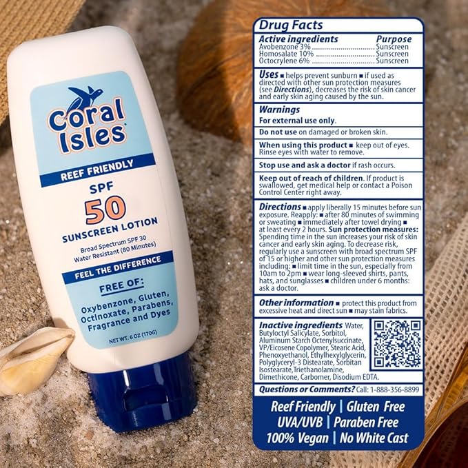 Coral Isles Sunscreen SPF 50 | Hawaii Reef Act Compliant | Octinoxate & Oxybenzone Free | Broad Spectrum UVA/UVB Protection | Water Resistant 80 Min. | Fragrance Free | 6 Fl Oz Lotion