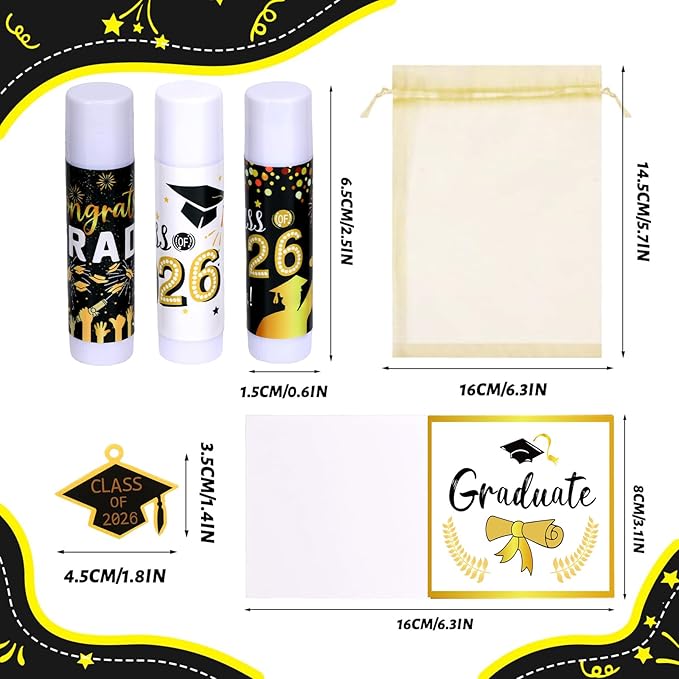 50 Set 2026 Graduation Gift Bulk Lip Balms Class of Graduation Party Favors with 6 Assorted Flavors Inspirational Graduation Gifts with 50 Organza Bags and Cards for Students Graduation Party