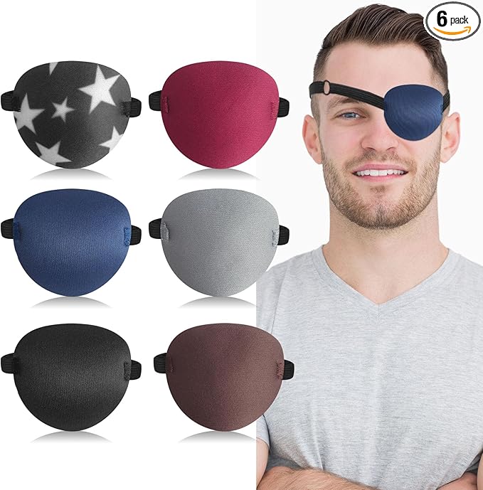 6pcs Eye Patches,Comfortable Adjustable Medical Eyepatch for Right or Left,Soft Lazy Eye Path for Pirate Costume Black,Blue,Red,Brown,Gray