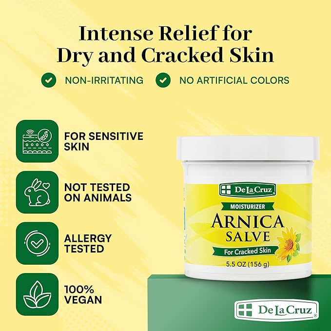 De La Cruz Arnica Salve Foot Care Cream for Dry Cracked Heels & Feet, Skin Care, Hand Salve, 24 Hour Moisture Balm, JUMBO 5.5 OZ