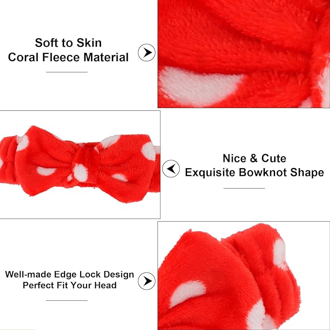 Casoty 10 Pcs Red Dot Makeup Headbands, Spa Gifts for Women Girls, Soft Coral Fleece Skincare Headband, Bow Hair Bands, Beauty Headbands for Face Washing Shower Skin Care Yoga
