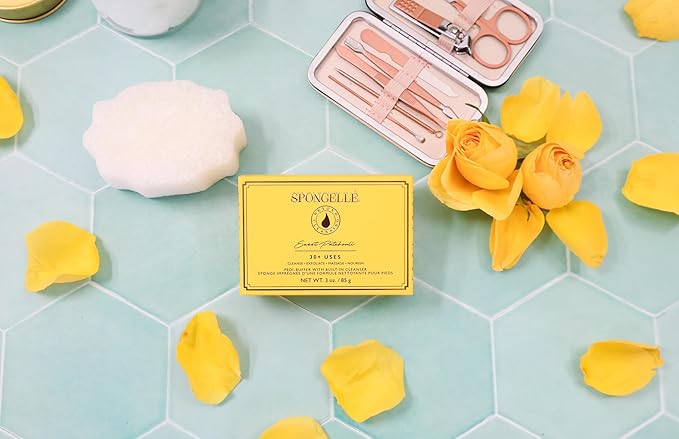Spongellé Sweet Patchouli Pedi Buffer Bath Sponge | Exfoliating Foot & Heel Scrub | Cleanse, Exfoliate, and Nourish in One Easy Step | Cruelty-Free, Vegan, Dermatologist-Tested, Made in USA
