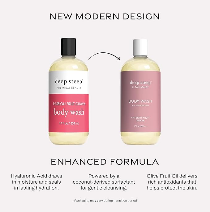 Deep Steep Passion Fruit Guava Body Wash, Hydrating Shower Gel with Hyaluronic Acid & Shea Butter for Sensitive Skin, Bodywash for Women & Men, 17 Fl Oz, 1-Pack