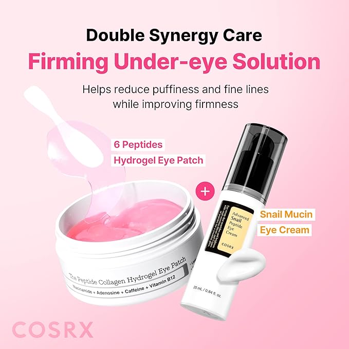 COSRX Pink Peptides Collagen Hydrogel Eye Patch for Puffy Eyes, Cooling & Firming Under Eye Patches with 4-Peptide & Caffeine (60), Depuffing Gel Eye Mask, Korean Skin Care