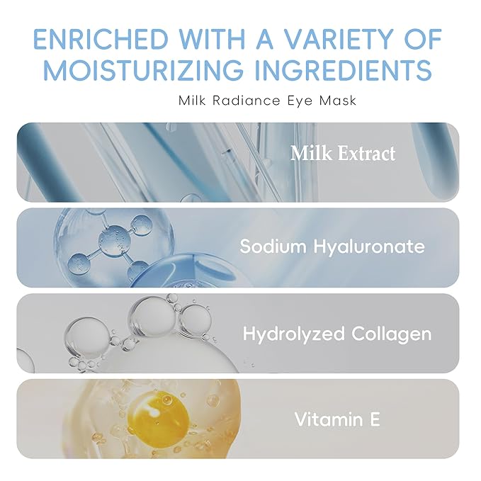 Milk Radiance Eye Mask, 50Pcs Under Eye Patches for Dark Circles and Puffiness with Milk Extract & Hyaluronic Acid & Collagen, Firming, Nourishing & Hydrating Daily Skincare Pads
