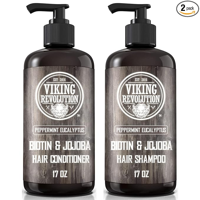 Viking Revolution Biotin Mens Shampoo and Conditioner Set - Eucalyptus Shampoo and Conditioner Set with Jojoba and Mint Oil - Peppermint Oil Hair Conditioner for Men (17 Oz)
