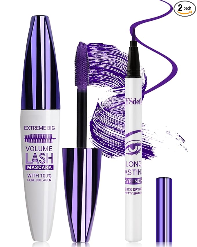 Purple Mascara Liquid Eyeliner Set, Update Longlasting Waterproof Color Eye Liner Pen, 5D Silk Fiber Colored Mascara Volume and Length, Christmas Party Stage Use Eye Makeup Gift Kit for Women Girl-05
