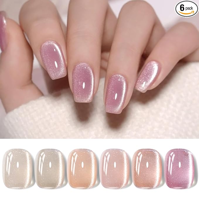 Born Pretty Cat Magnetic Eye Gel Nail Polish Jelly Pink Moonlight Crystal Glass Cat Magnetic Shimmer Glitter Holographic Nail Polish Salon Gel Manicure and Nail Art DIY at Home 7ML 6PCS