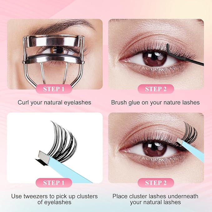GEMERRY Lash Clusters Kit 4 Style Clusters Eyelash Extensions False Eyelashes Wispy Natural Lashes Fluffy Individual Lashes with Bond and Seal and Tweezers (60D 80D 100D 200D, 8-16mm)