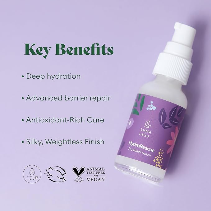 Luma & Leaf HydroRescue Beta Glucan Serum for Face - Mushroom Skin Barrier Repair Serum with Hyaluronic Acid, Passionfruit Oil - Hydrating Face Serum for Dry Sensitive Skin, Clean Beauty Skincare 1oz