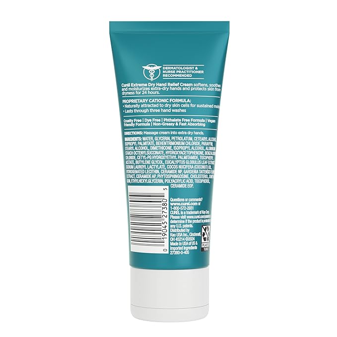 Curel Extreme Dry Hand Relief, Dermatologist Recommended, Long-Lasting Cream For Dry Hands, Paraben Free, Fragrance-Free Hand Lotion, 3 Oz