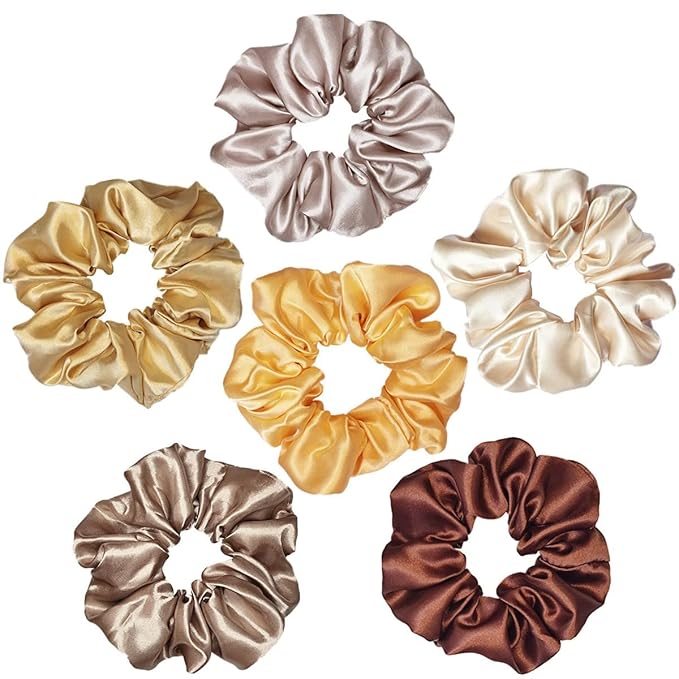 6 Pcs Satin Silk Scrunchies, Soft Hair Ties, Fashion Bands, Hair Bows, Ponytail Holders, Elastic Bracelets - Hair Accessories for Women and Girls (4.5 Inch, Yellow and Brown)
