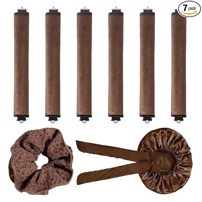 8 Pcs Overnight Blowout Rods Set, 6 heatless curls overnight Heatless Curls Overnight Blowout Rods with 1 Sleep Cap and 1 Brown leopard-print hair tie Blowout Rods for Easy Curling
