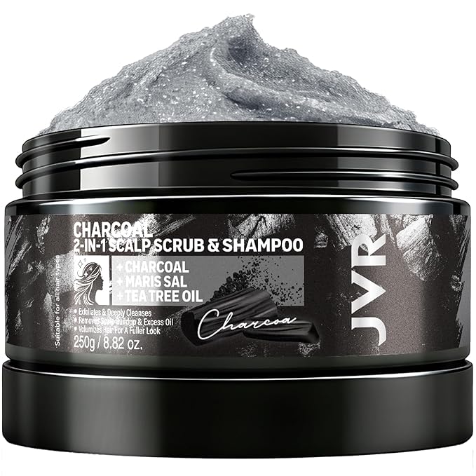 JVR Scalp Scrub Shampoo Charcoal 2-In-1 Scalp Exfoliator to Clarify Build Up, Dexofiy & Purify Cleanser for Shine & Hydration - Sea Salt, Tea Tree Oil, Vegan & Cruelty Free for Dry or Oily Scalp 8.8oz