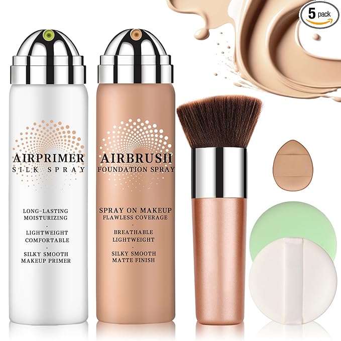 Air Brush Makeup Foundation Spray and Primer for Face Before Makeup,Silk Airbrush Flawless Setting Spray,Waterproof,with Brush and 2 Powder Puffs (03 Nude)