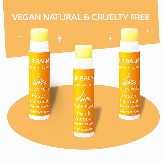 Peach Coconut Lip Balm Collection, Vegan Set, Beeswax Free, with Organic Jojoba and Avocado Oil, Vitamin E, Natural Moisturizer for Dry, Chapped Lips, 3 Tube Set