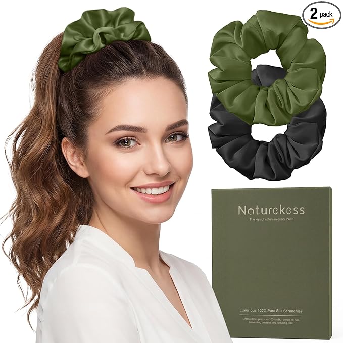 2PCS 100% Mulberry Silk Hair Ties, Silk Hair Scrunchies for Women, No Damage for Curly Hair (Black, Olive Green, L)