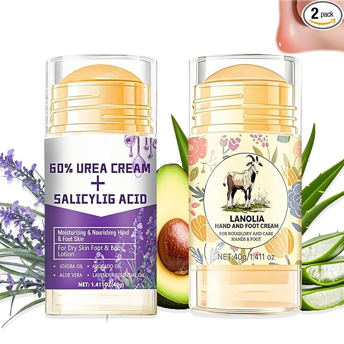 2Pcs Urea Foot Cream 60% for Dry Feet and Skin Maximum Strength,Fast Absorbing,Heel Balm Stick Repairs and Hydrates(Lavender + Aloe Vera & Avocado,Scent A)