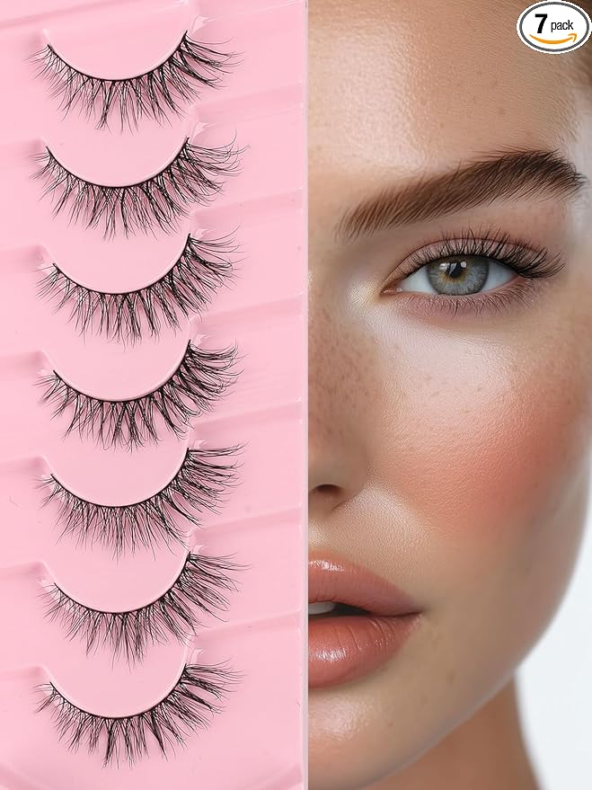 Eyelashes Natural Cat Eye Lashes 15mm Wispy Eyelashes Flared Fluffy Strip Lashes 0.1MM Thin Band False Eyelashes C Curl Lashes Siligli Eye Lashes Pack 7 Pair