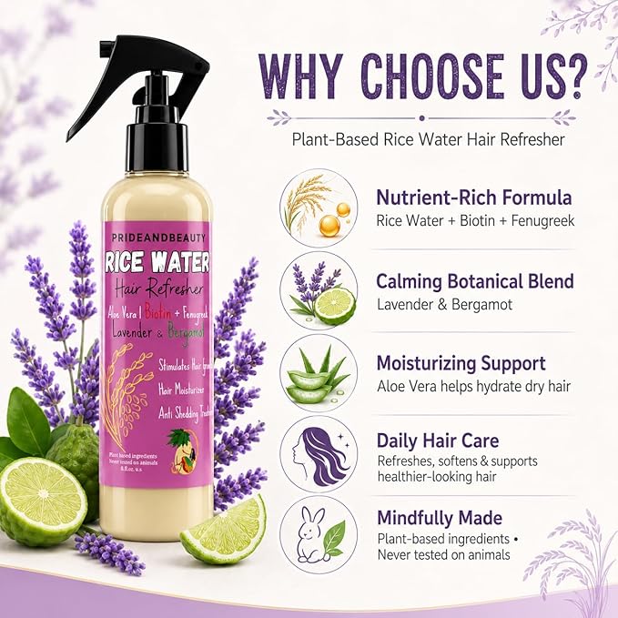 NEW Fermented Rice Water for Hair Growth - Infused with Rosemary, Biotin, Caffeine, Keratin Vegan Non-Greasy Spray Naturally Thicker, Longer, Softer Men & Women (8 OUNCES, Lavender Bergamot)