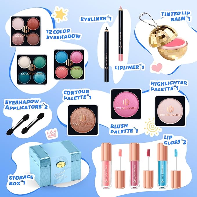 Color Nymph Girls Makeup Kit For Teens & Girls | All In One Makeup Set with Lockable Storage Box, Built-in Mirror, Eyeshadow, Blush, Contour, Highlighter, Lipgloss, Lipliner, Eyeliner, Lip Balm