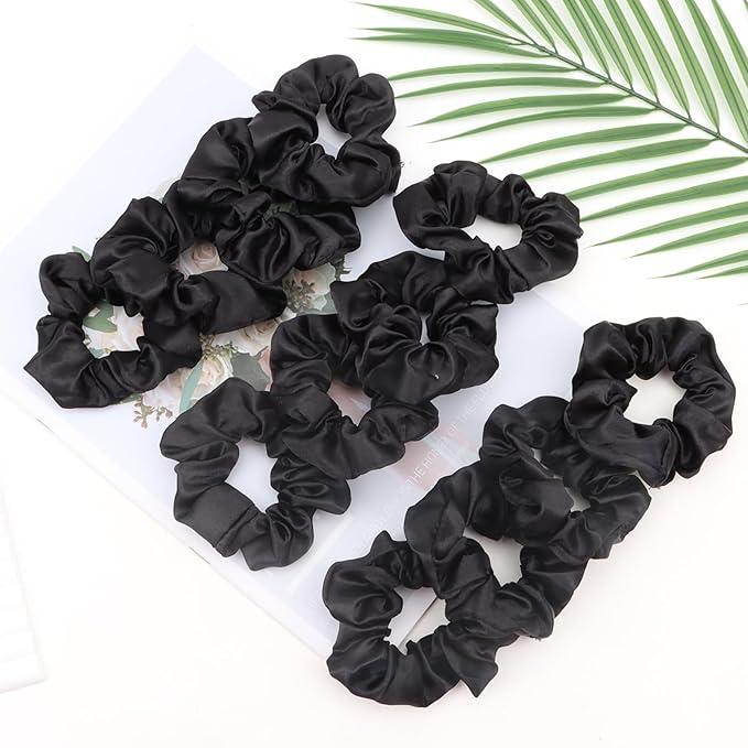 Silk Satin Scrunchies for Women Girls 12 PCS Black Hair Scrunchies Bulk Silk Satin Hair Ties for Thick Hair Hair Accessories