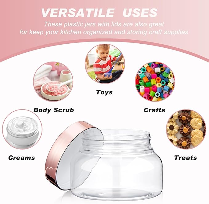 Tessco for you 24 Pack Plastic Jars with Lids Labels Multiuse Slime Containers Empty Body Scrub Jars Round Refillable Cosmetic Body Butter Container for Makeup (8 oz,Rose Gold)