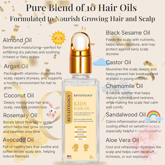 REVATOLOGY Kids & Baby Hair Growth Product High Potency Scalp & Hair Oil (Made in USA) 26 Cold-Pressed Botanicals for all Ages and Hair types Thin, Curly, Waivy for Hair Growth, Dry/Itchy Scalp