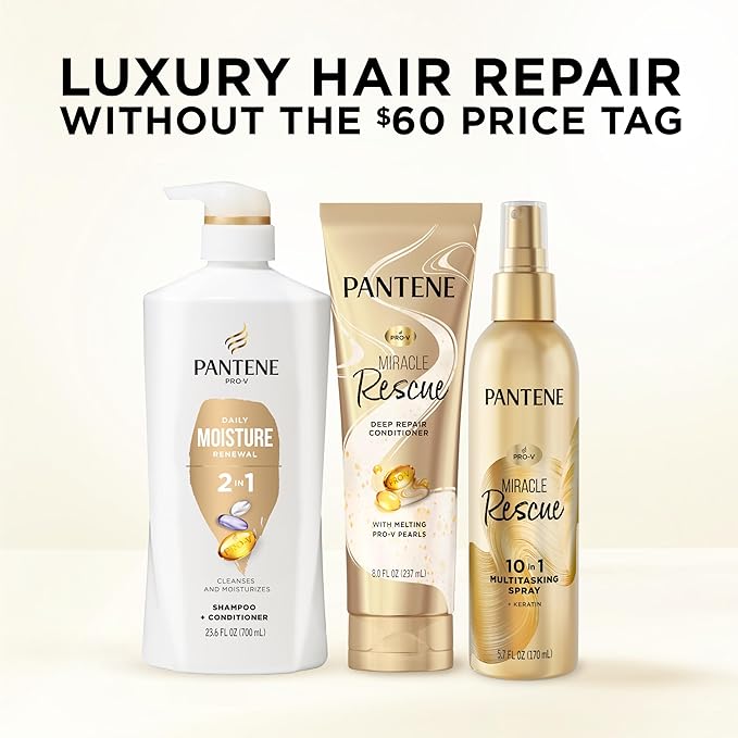 Pantene 2-in-1 Shampoo & Conditioner, Daily Moisture Renewal - Pro-V Nutrients for Dry, Color-Treated, Straight to Curly Hair, 72-Hour Hydration & Softness, 27.7 Oz Each, 2-Pack + Rescue Shot (0.5 Oz)