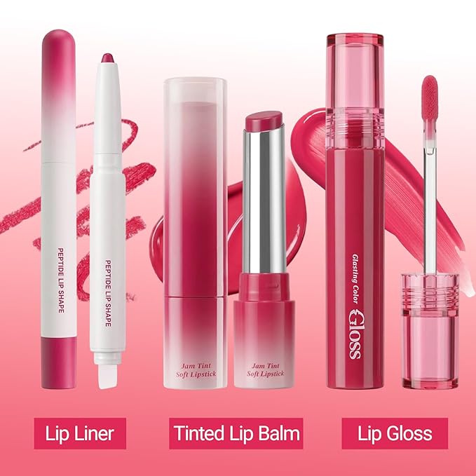 Erinde 3PCS Lip Combo Set, Nude Lip Kits with Lip Liner, Hydrating Balm Lipstick and Plumping Glossy Gloss, Long-Lasting, Lightweight, Non-Sticky, Juicy Lip Contour Trio Set for Women, 03 Berry Plum