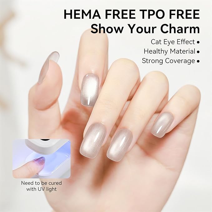 Cat Eye Gel Nail Polish，3 In 1 Step Nude Cateye Gel Polish with Magnet, Magnetic Shimmer HEMA Free TPO Free Long Lasting Soak Off UV DIY Nail Art 12ml