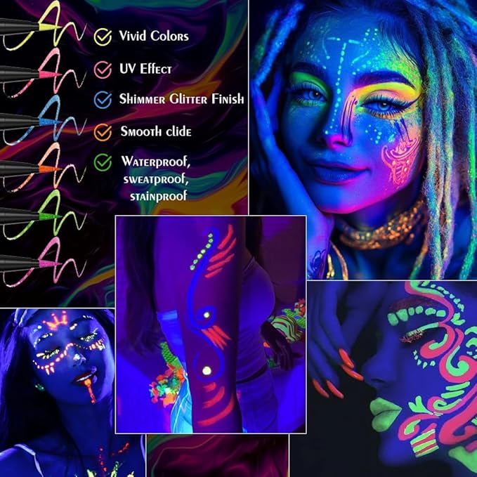 evpct Orange Shimmer Eyeliner UV Neon Gel Eyeliner Pencil Makeup, Rainbow Halloween Colored Colorful Gel Eye Liner Pen Glow in Dark Makeup, Long Lasting Waterproof Eyeliners for Face Body Painting