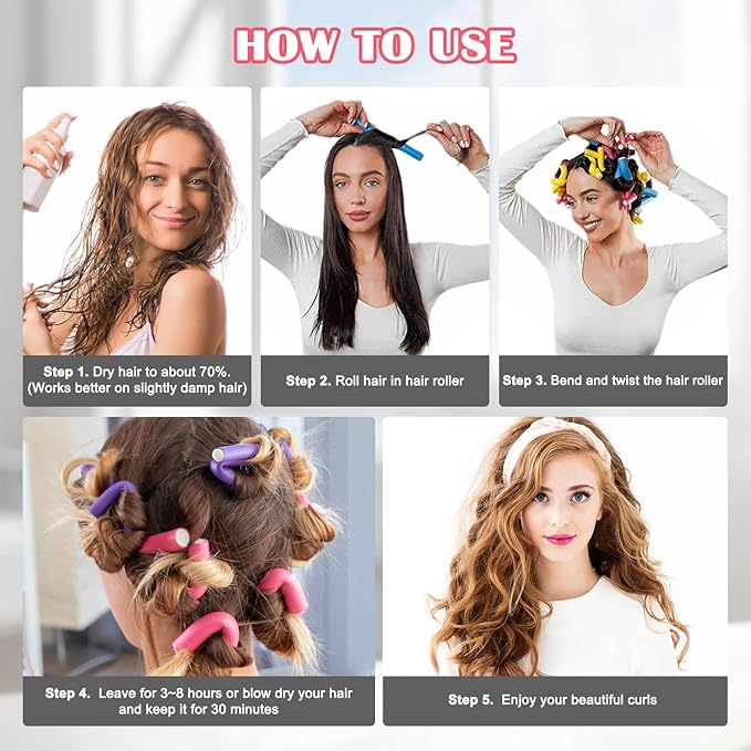 Heatless Hair Curlers 42PCS Flexible Hair Rollers 7" Soft Foam Hair Curlers No Heat Bendable Curling Rods for Short Medium Long Hair, 7 Colors & Sizes