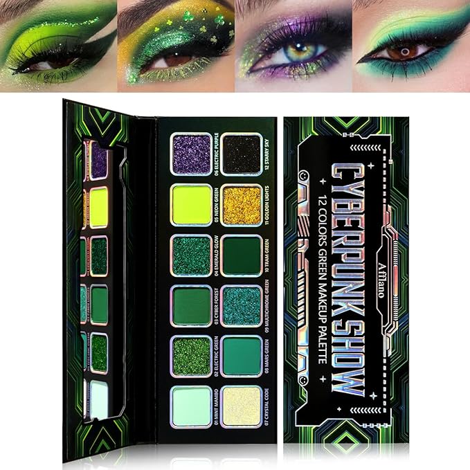 Green Eyeshadow Makeup Palette, 12 Colors Neon Emerald Green Glitter Holographic Eyeshadow with Matte Shimmer for Brown Eyes, Pigmented Silky Long Last Forest Eye Shadow for Witch, Shrek, Party, Vegan