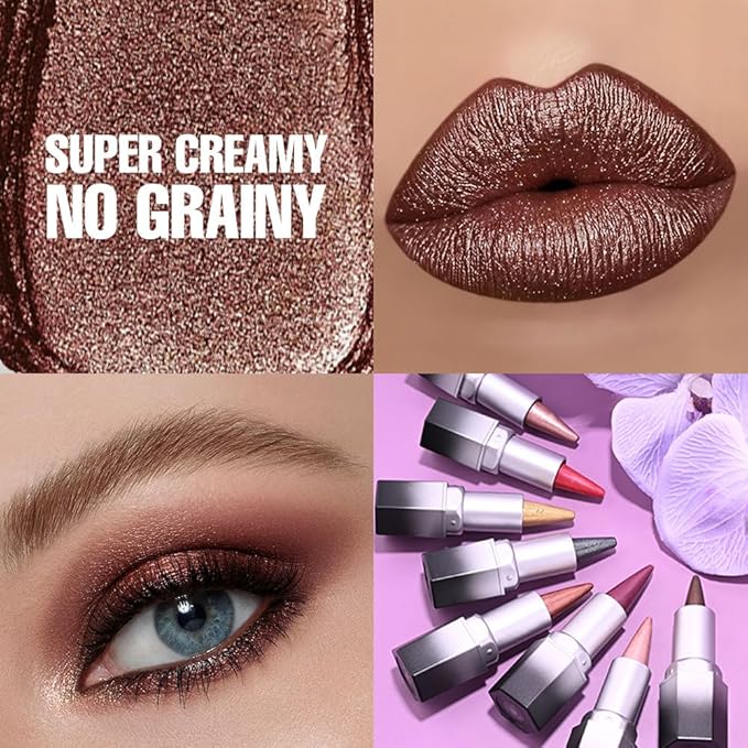 evpct Nude Brown Shimmery Metallic Lip Liner and Lipstick Combo, Cone Tip Lip Crayon for Women Long Lasting Waterproof, Shinny Hydrating Lipstick Makeup, Glitter Lips Liner Pencil for Shimmery Shade