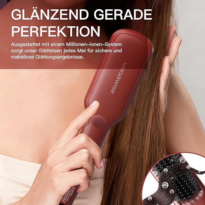 MEGAWISE Hair Straightener Brush Pro, Fast Heating Ceramic Ionic Brush for Smooth Frizz-Free Hair, Safe Anti-Scald Design, Dual Voltage Travel Use (Tomato Red)