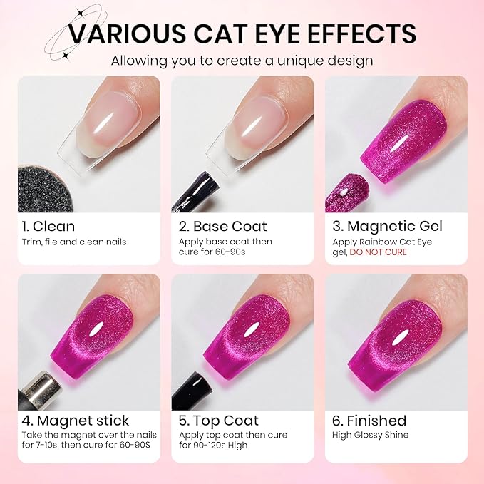 2PCS 15ML Cat Magnetic Eye Gel Nail Polish, Red Hot Pink Cateye Gel Nail Polish Holographic Glitter Shimmer Effect with Magnetic Stick Soak Off Salon DIY at Home