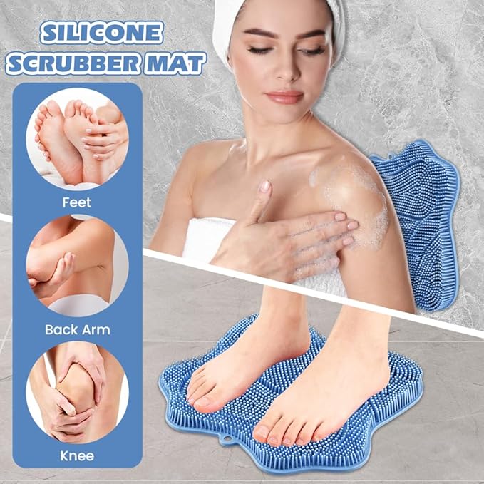 Shower Foot Scrubber,Shower Foot and Back Scrubber with Suction Cups,Butterfly Form Design,3 Brush Designs for Deep Cleaning Shower,Foot Scrubber Mat for Smooth Exfoliation(Blue)